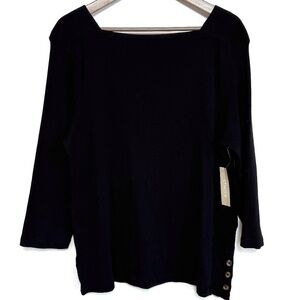 CHICO's Pima Cotton Bateau-Neck 3/4 Sleeve Side-Button Top Black Sz XL